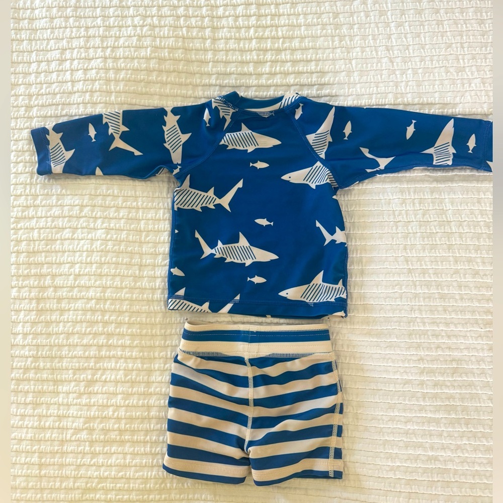 Tea Collection baby rash guard & swim trunks set - shark top and striped bottom
